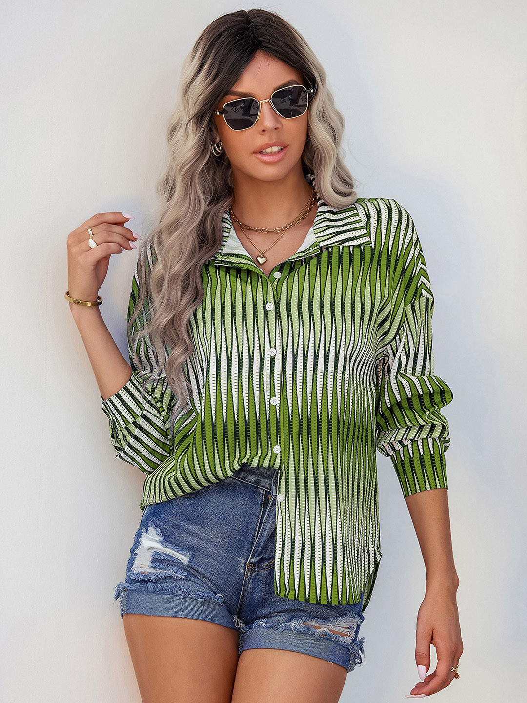StyleCast Green & White Striped Printed Drop-Shoulder Sleeves Casual Shirt