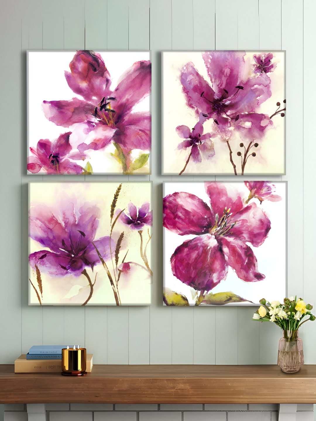 Art Street Watercolor Floral Canvas 4 Piece Wall Square Paintings Wall Art -12 x 12 In