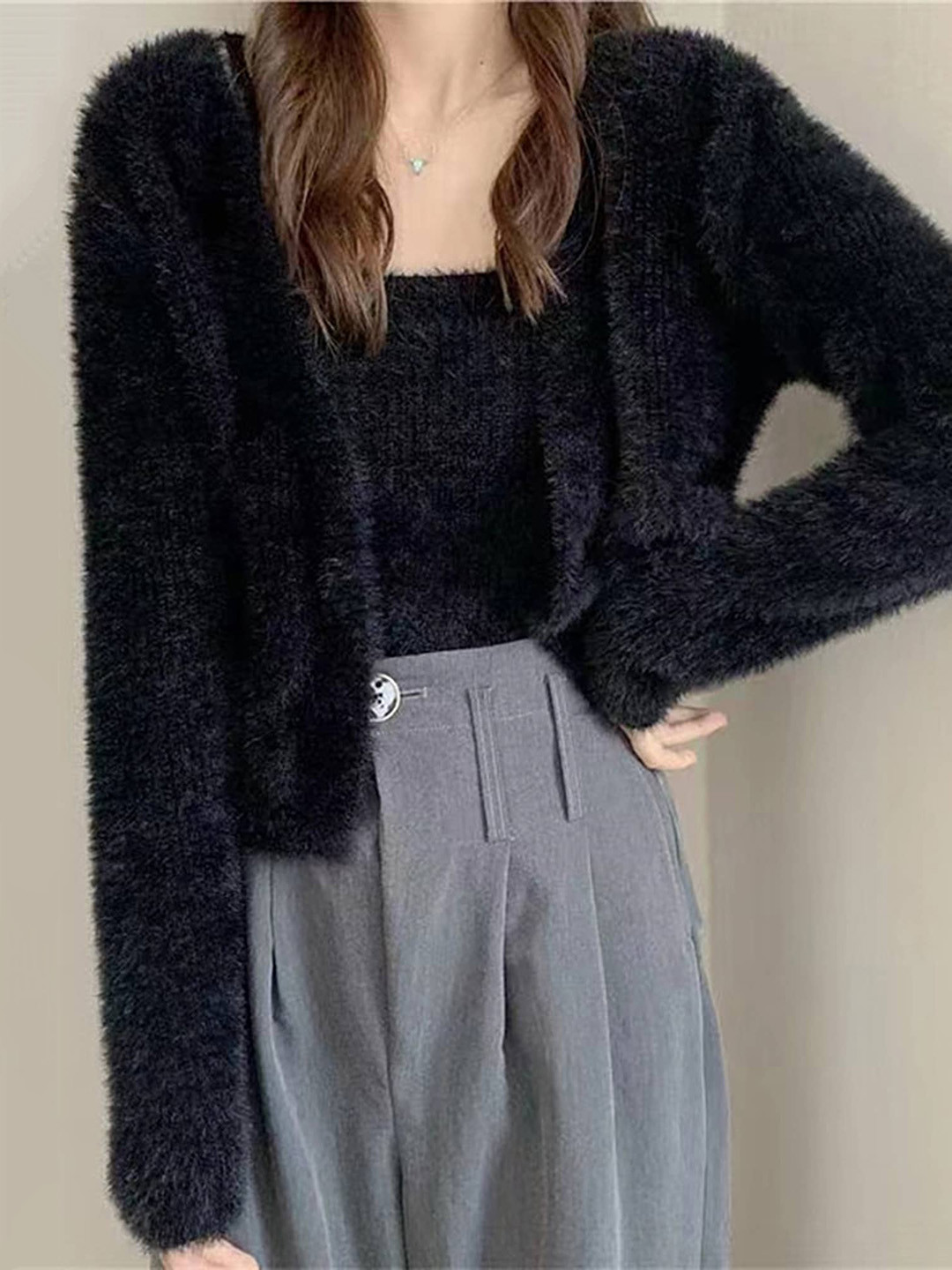 LULU & SKY Black Sweater & Grey Trousers With Jacket