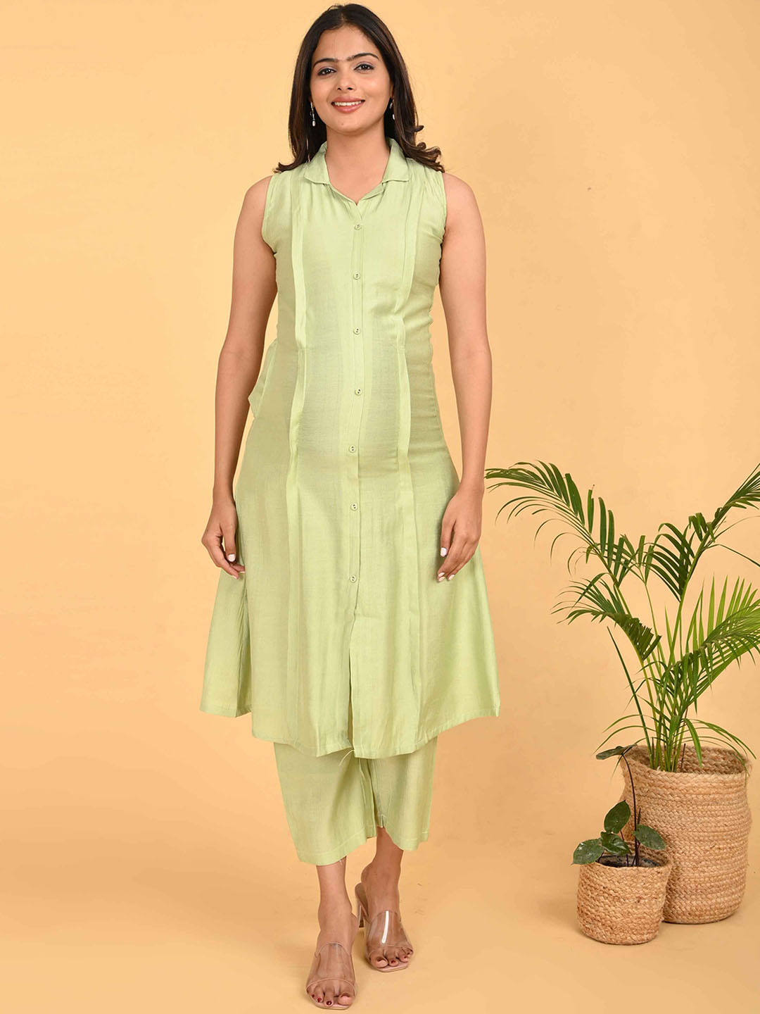 GOLDSTROMS Maternity Shirt Collar Georgette A-Line Kurta With Trousers