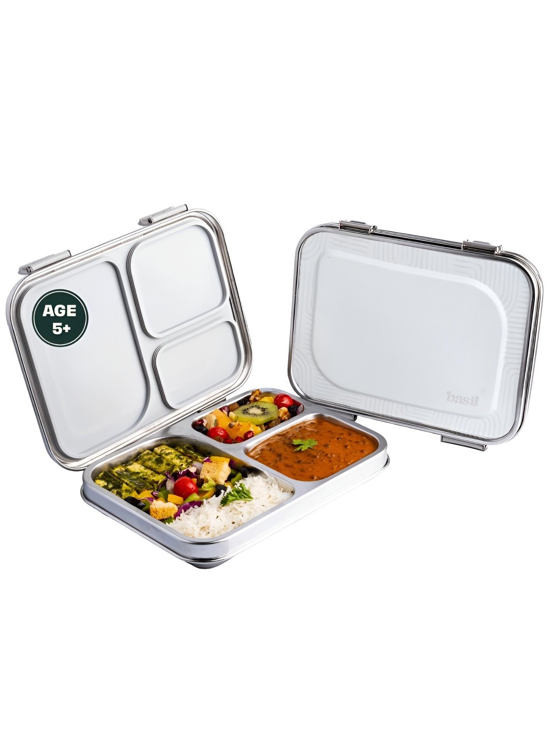 BASIL Bento Grey Solid Stainless Steel Leak Resistant 1PCs Lunch Box With Spoon and Fork