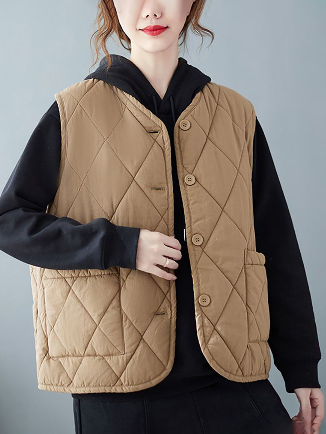 StyleCast x Revolte Khaki Coloured Quilted Sleeveless Jacket