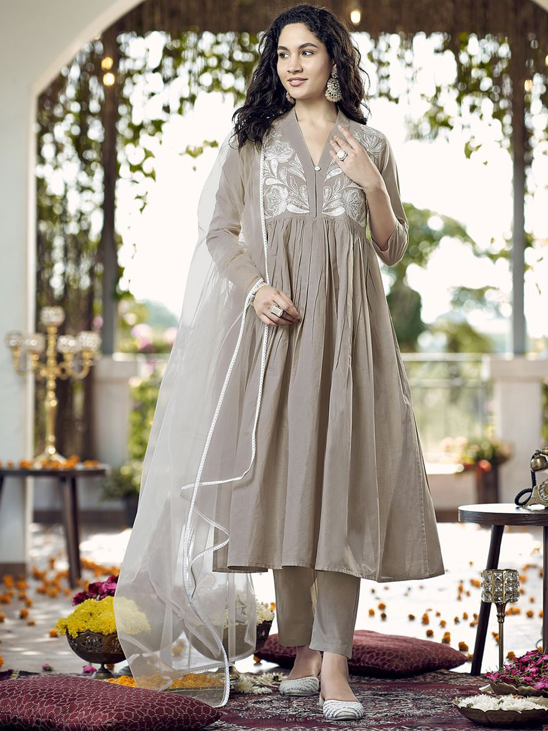 Tikhi Imli Floral Embroidered Pure Cotton V-Neck Anarkali Kurta With Trousers & Dupatta