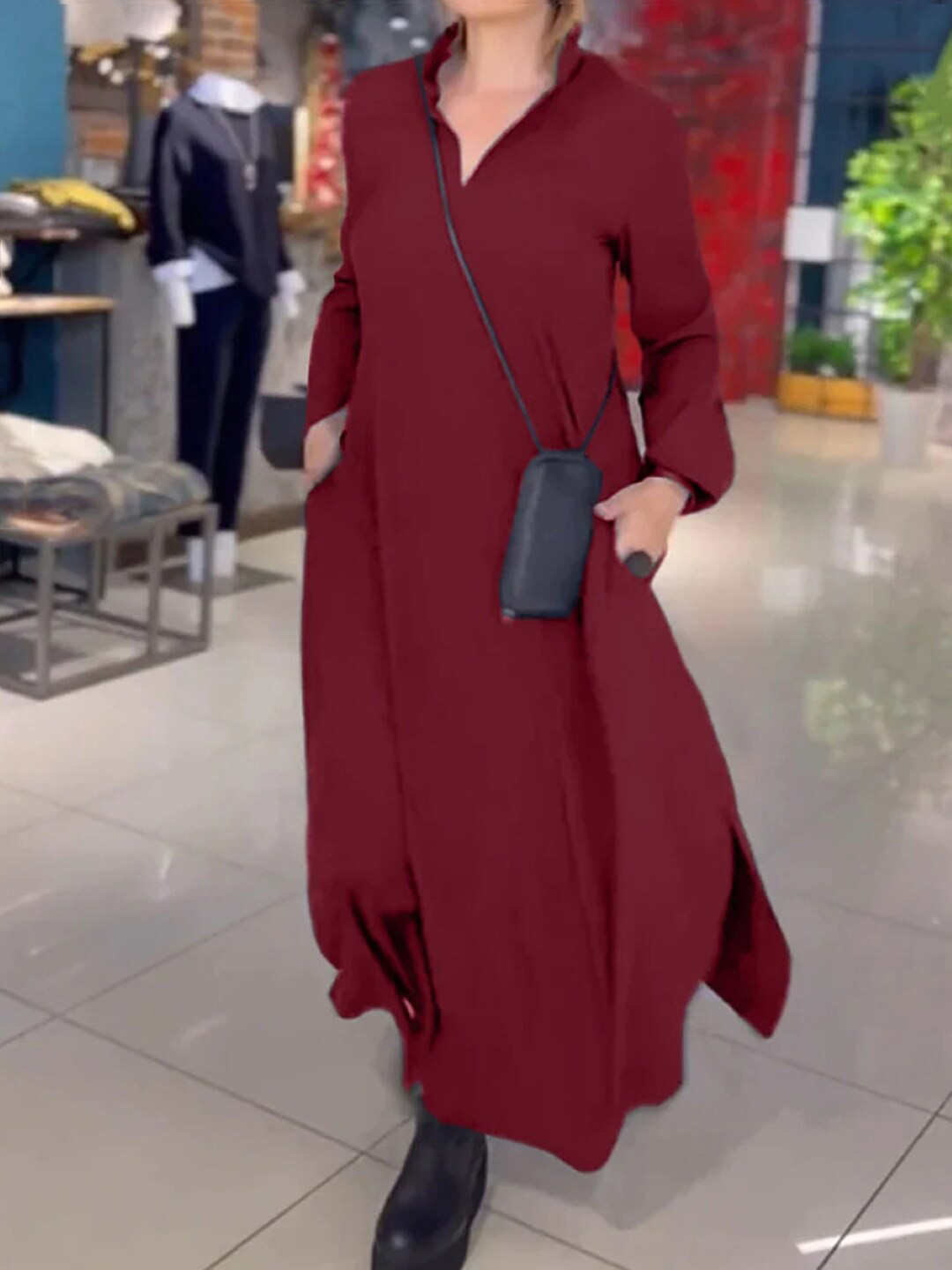 StyleCast Burgundy Mandarin Collar Shirt Maxi Dress
