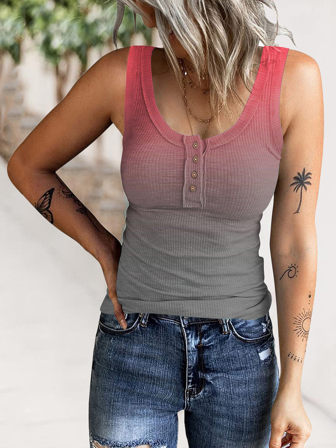 StyleCast Grey & Pink Ombre Ribbed Cotton Tank Top