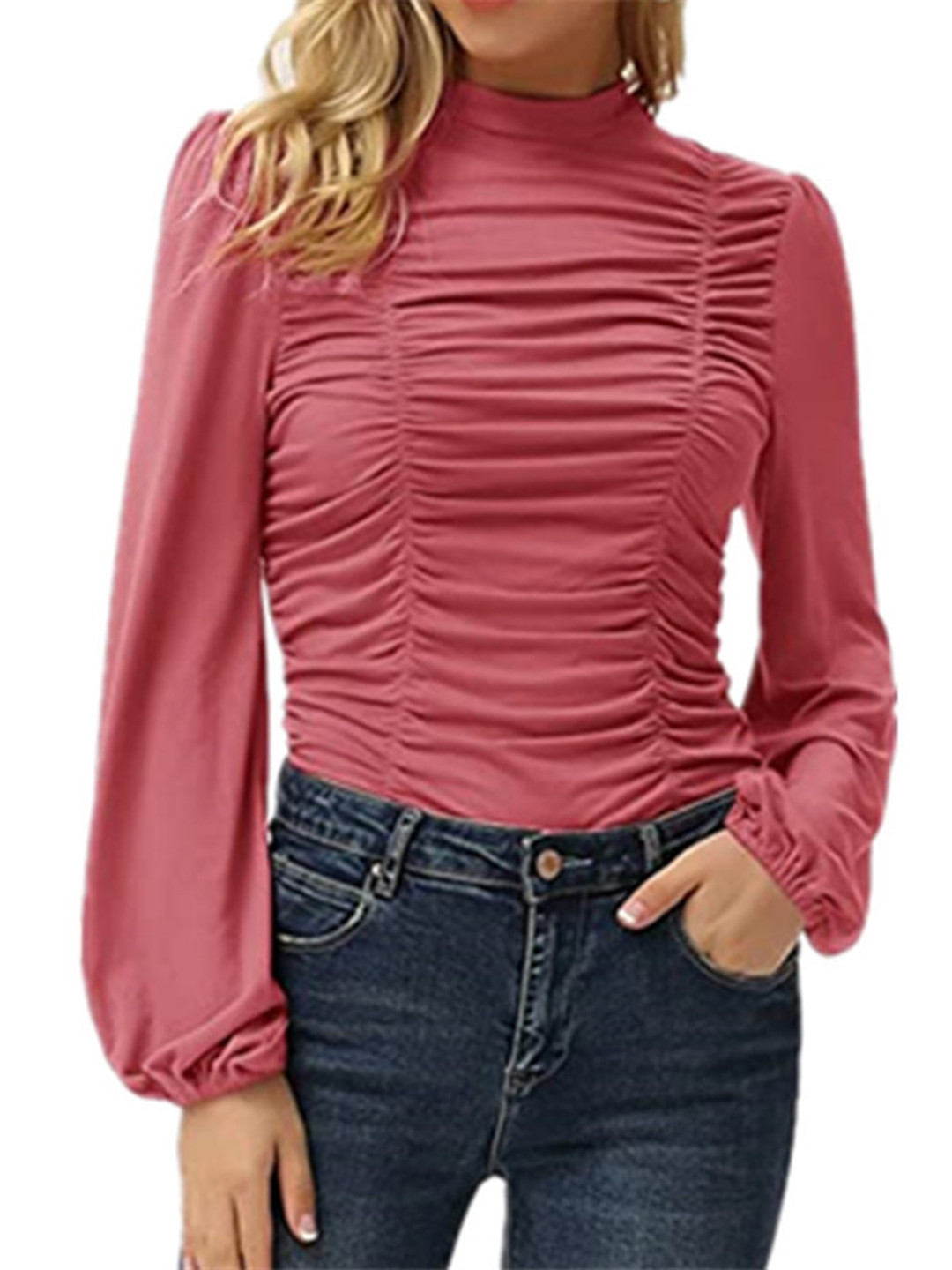 StyleCast Pink Puff Sleeve Ruched High Neck Top