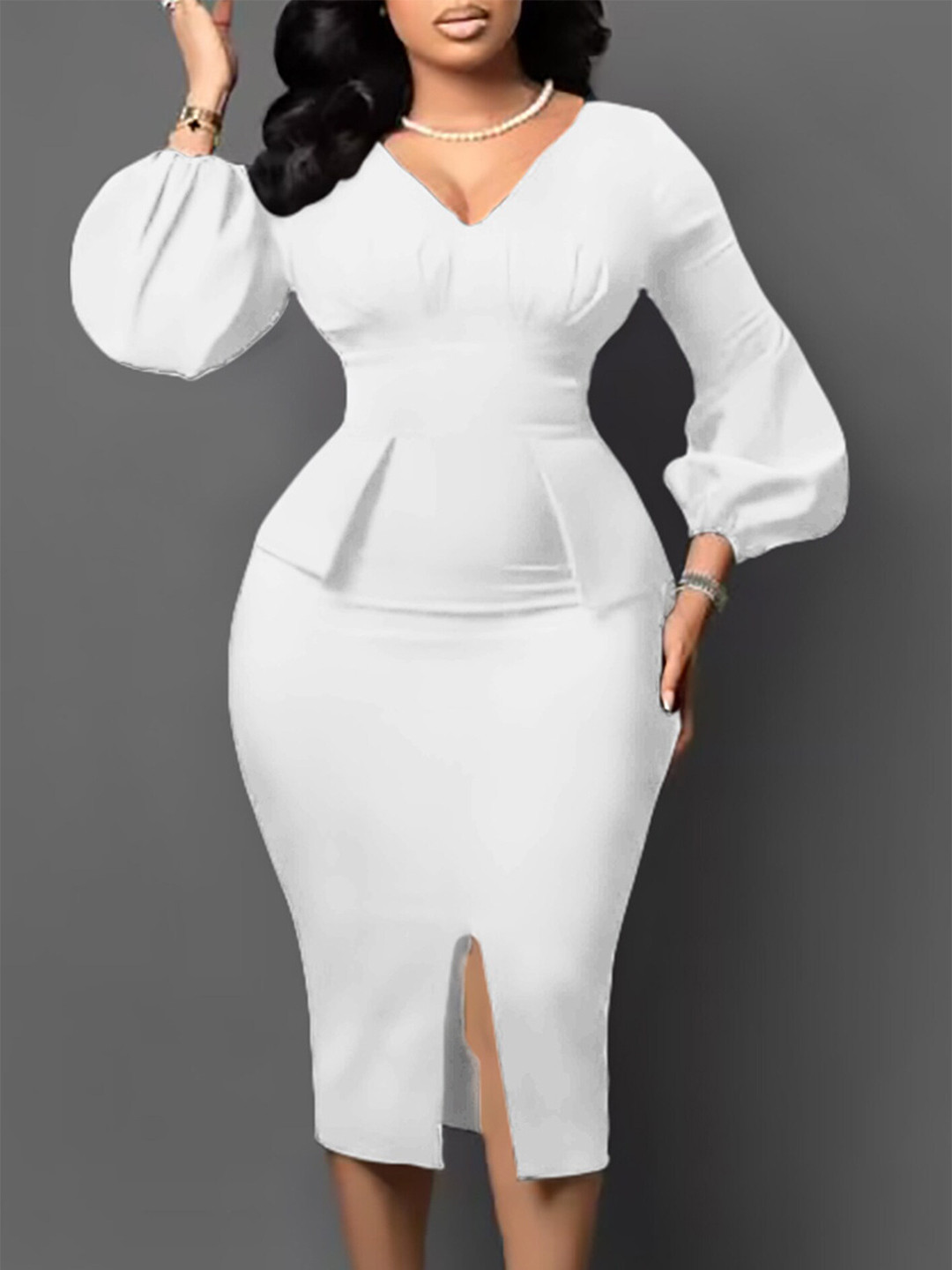 LULU & SKY White Solid Peplum Midi Dress with Puff Sleeves