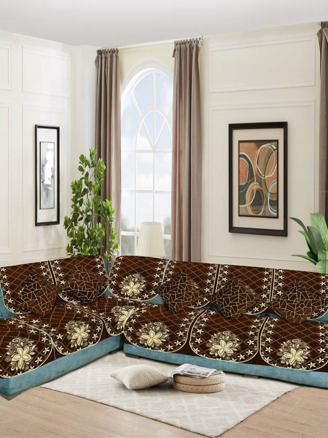 SAWNA HOMES Brown 6 Seater Embroidered Velvet L Shape Sofa Cover With Coushion Covers