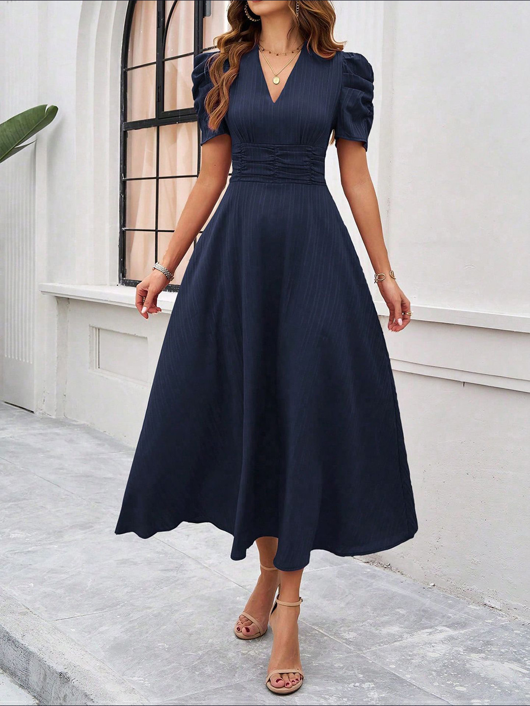 StyleCast x Revolte V-Neck Puff Sleeves Fit and Flare Midi Dress