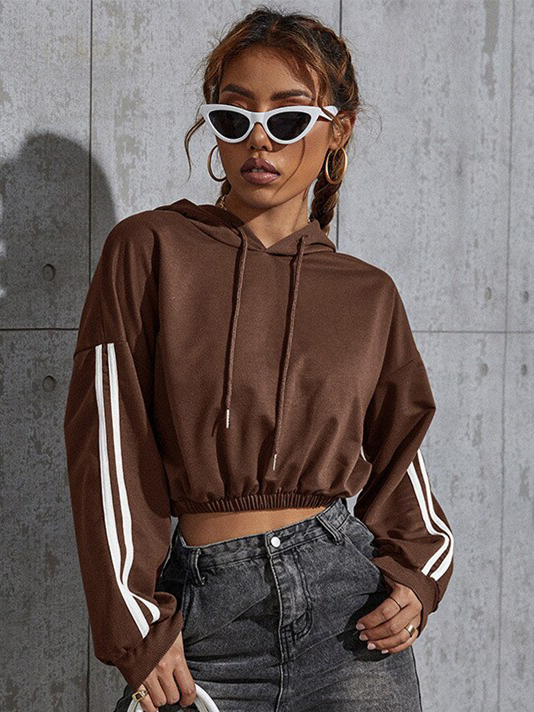 StyleCast Brown Hooded Long Sleeves Crop Pullover Sweatshirt