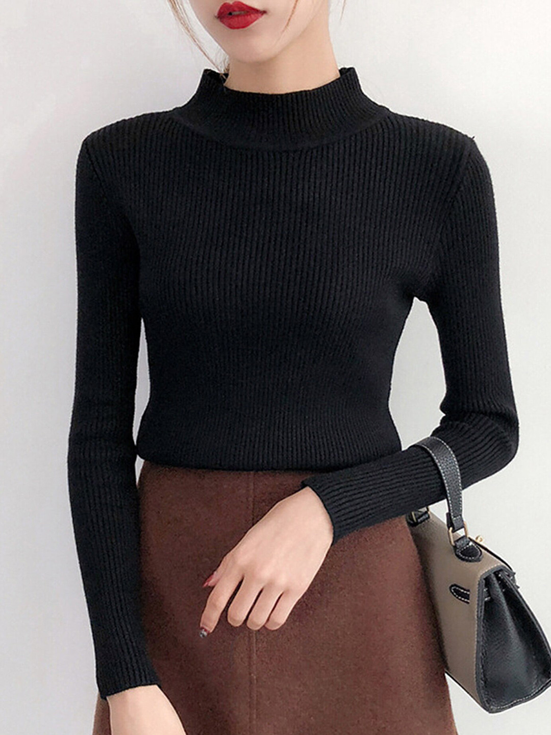 LULU & SKY Turtleneck Ribbed Long Sleeves Slim Fitted Top