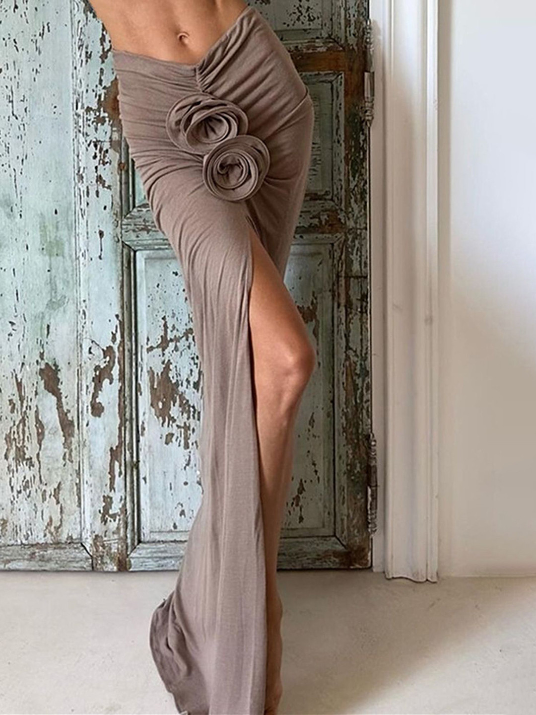 LULU & SKY Brown Solid Maxi Pencil Skirt with Front Slit