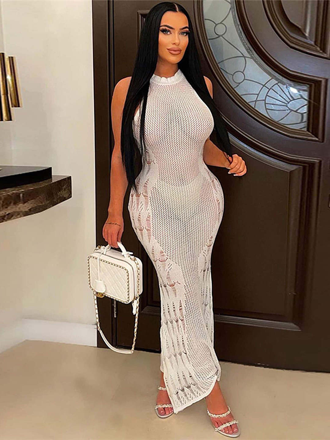 LULU & SKY White Geometric Sleeveless Maxi Dress