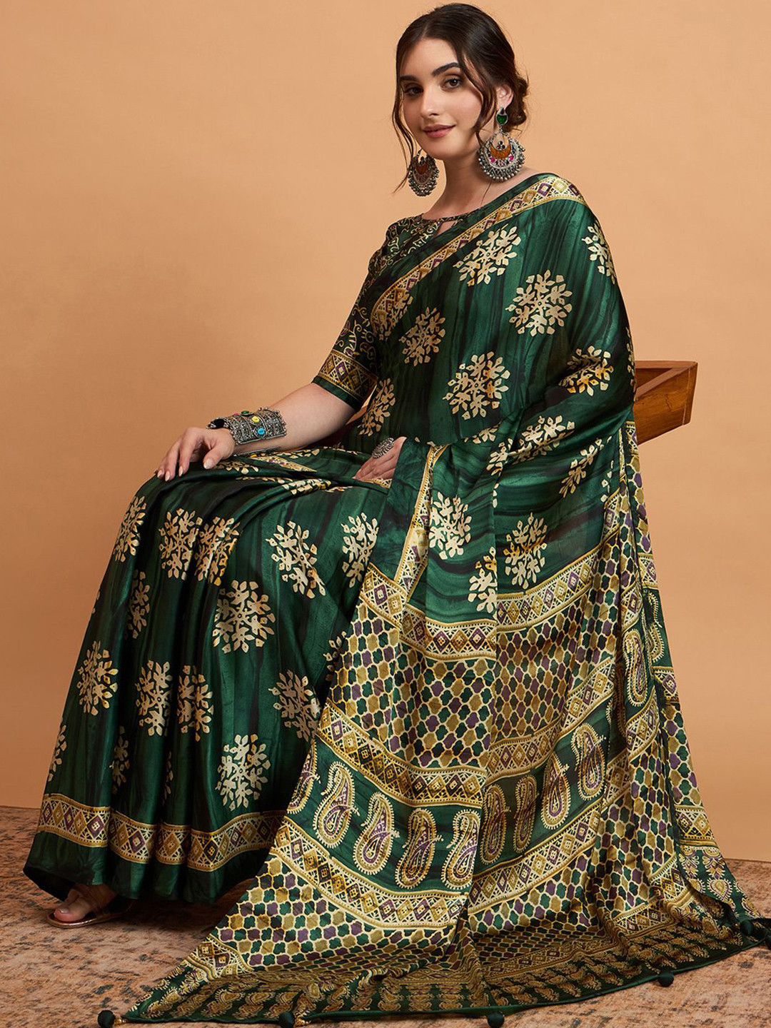 Mitera modal Ajrak Pure Crepe Block Print SareeWith Blouse Piece