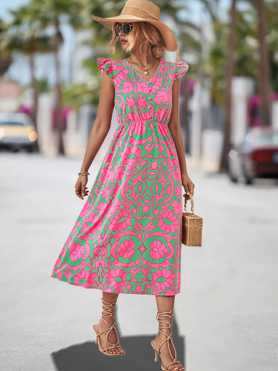 StyleCast Pink & Green Floral Printed V-Neck Cap Sleeve Fit & Flare Dress