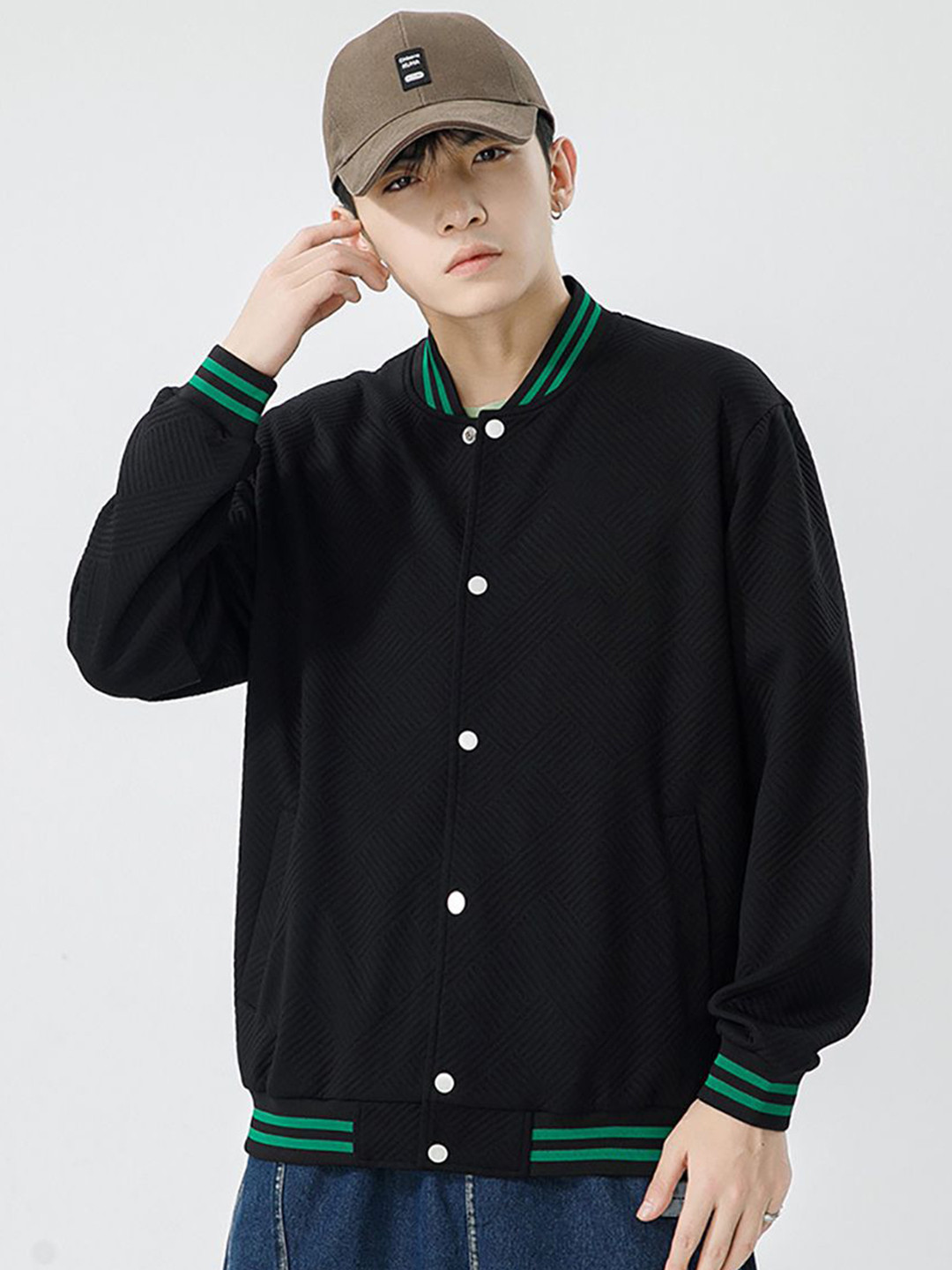 StyleCast x Revolte Men Stand Collar Self Design Casual Bomber Jacket