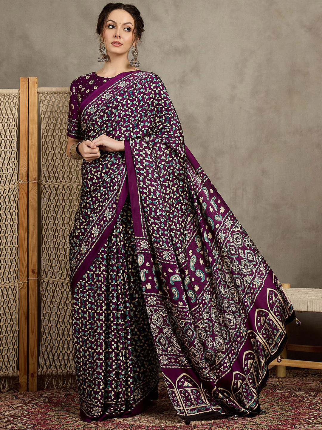 All About You Women modal Ajrak Block Pure Crepe Block Print Saree with Blouse Piece