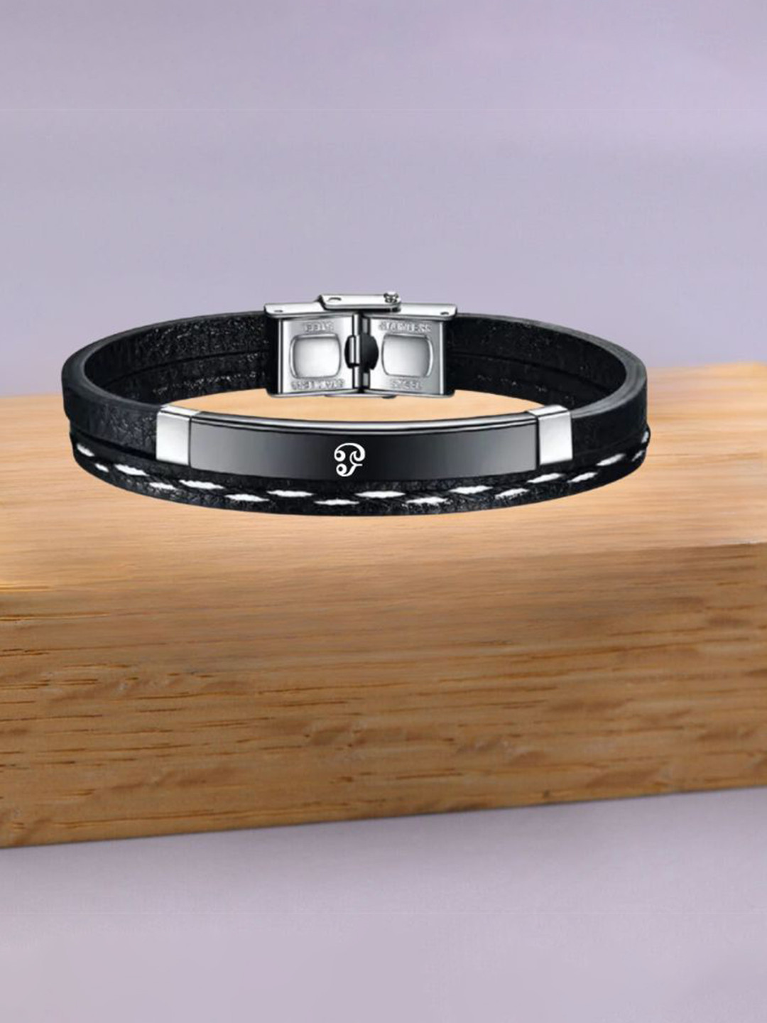 M Men Style Stainless Steel Tamil Om Leather Wraparound Bracelet