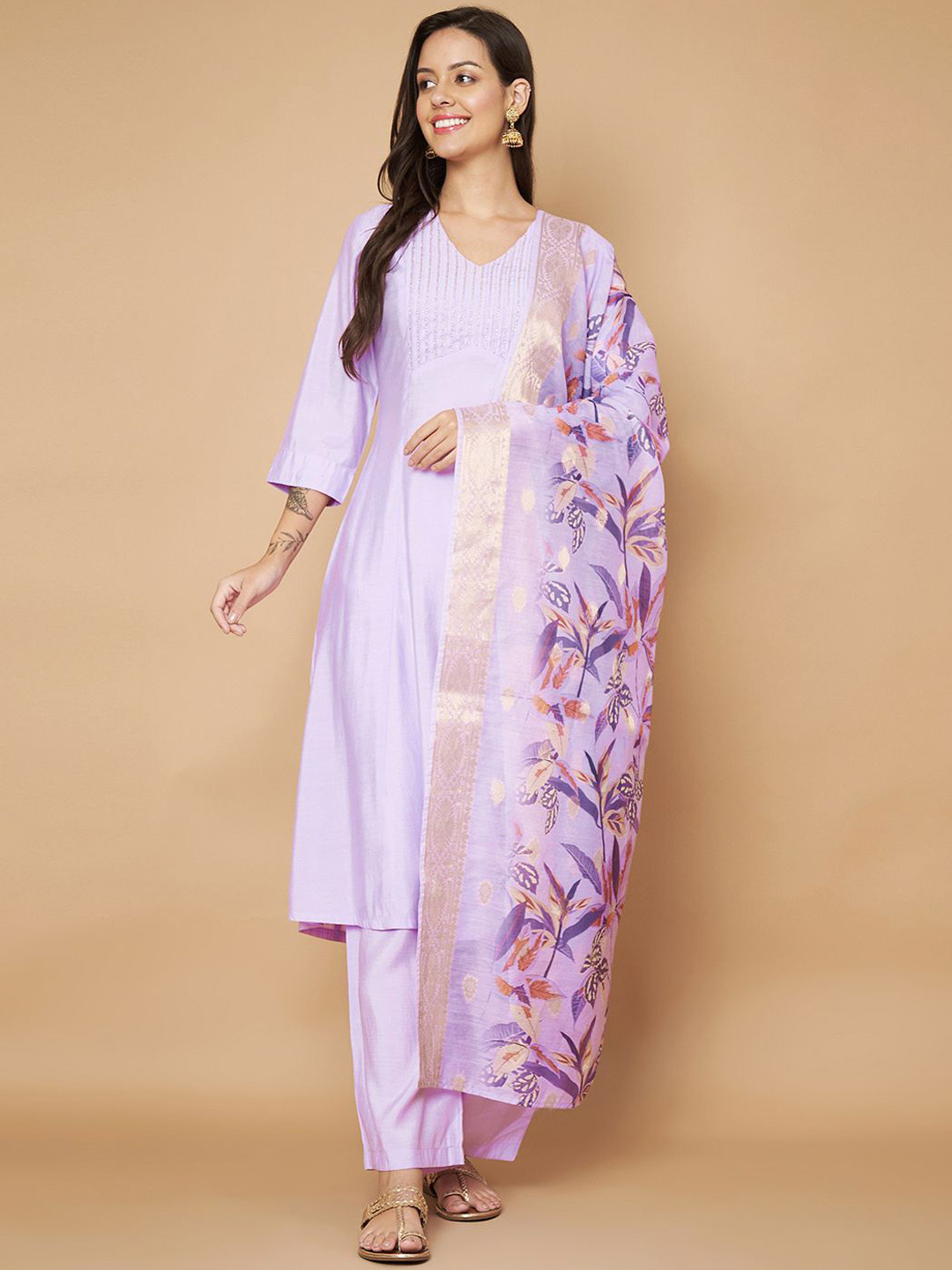 Poshak Hub Striped Yoke Design V-Neck Modal Silk A Line Kurta With Palazzos & Dupatta
