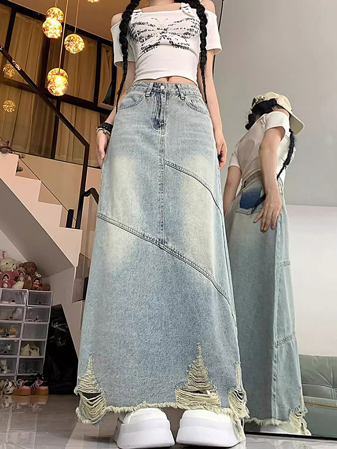 LULU & SKY Women Flared Distressed Maxi Denim Skirts