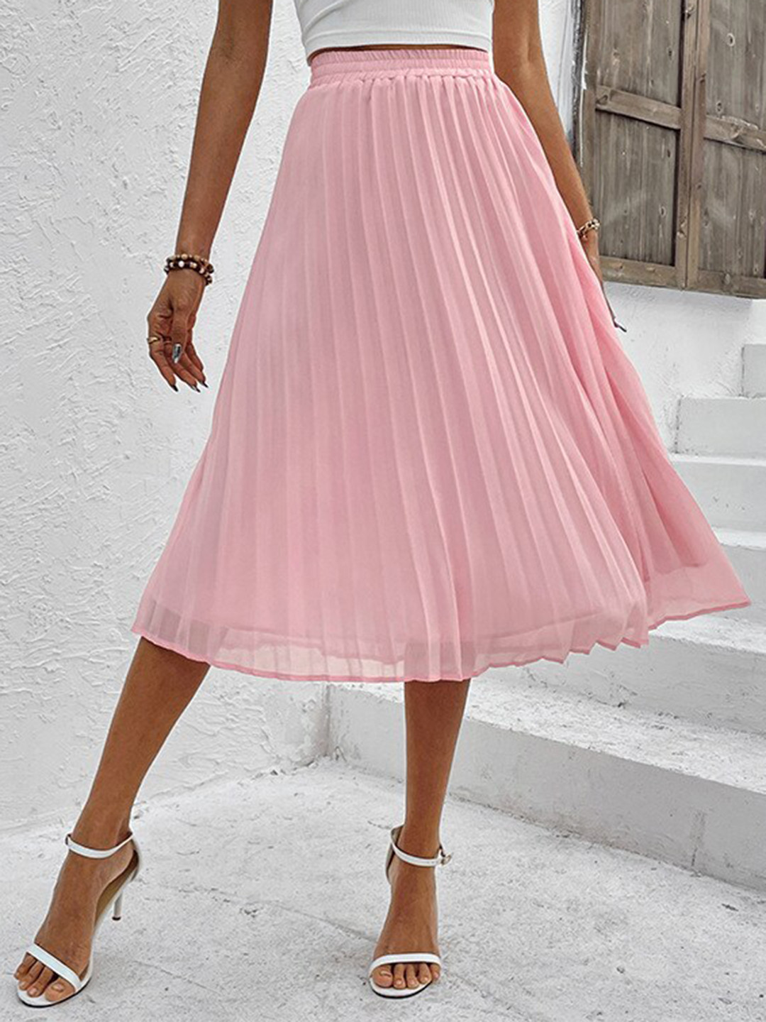 StyleCast Pink Accordion Pleats Flared Midi Pleated Skirt