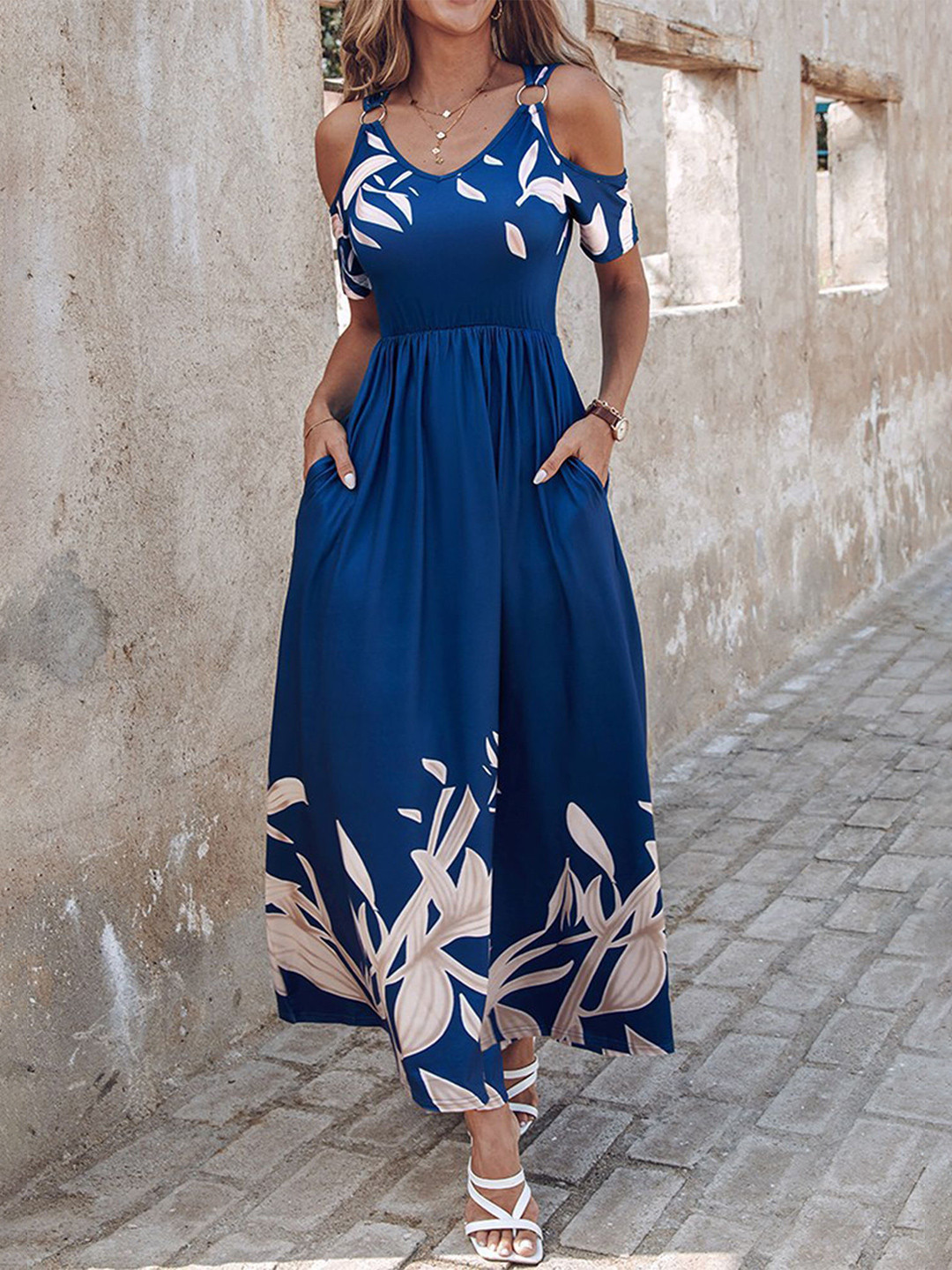 LULU & SKY Blue Floral Cold Shoulder Maxi Dress