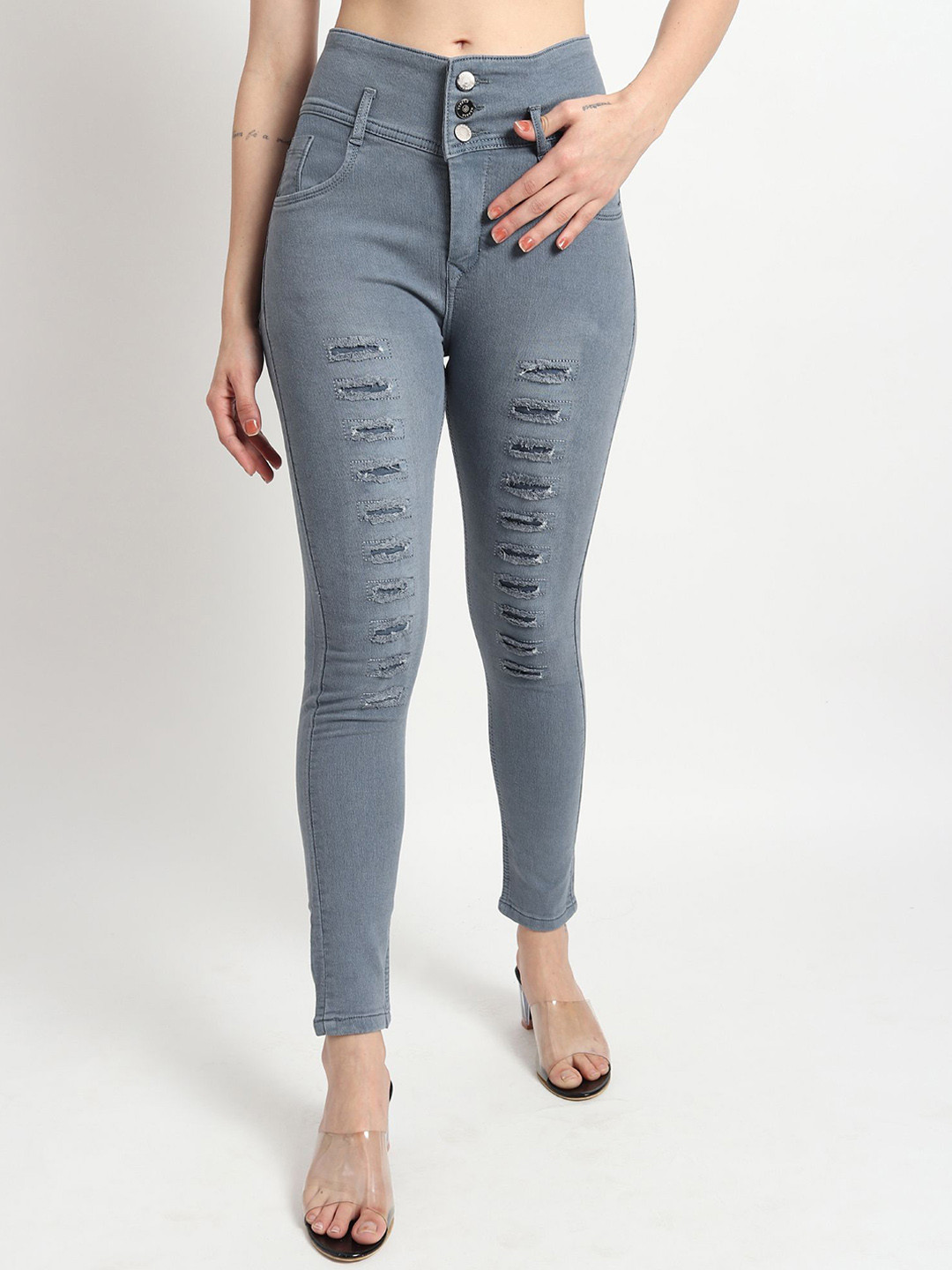 TYFFYN Women Slim Fit High-Rise Highly Distressed Heavy Fade Stretchable Cotton Jeans
