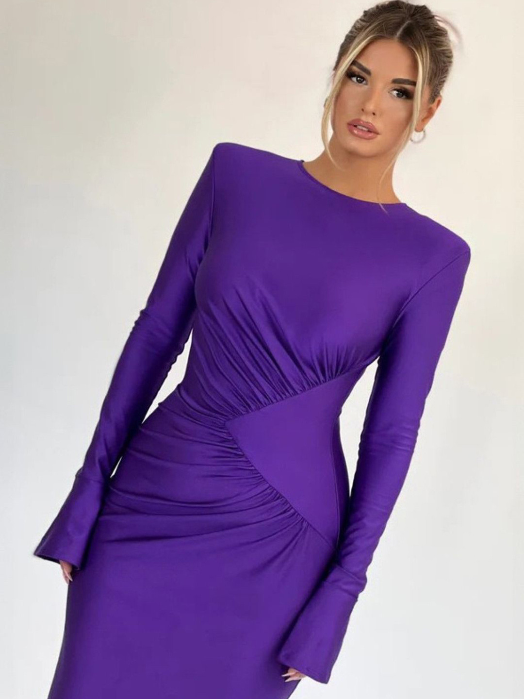 StyleCast Purple Round Neck Gathered Ruched Maxi Bodycon Dress