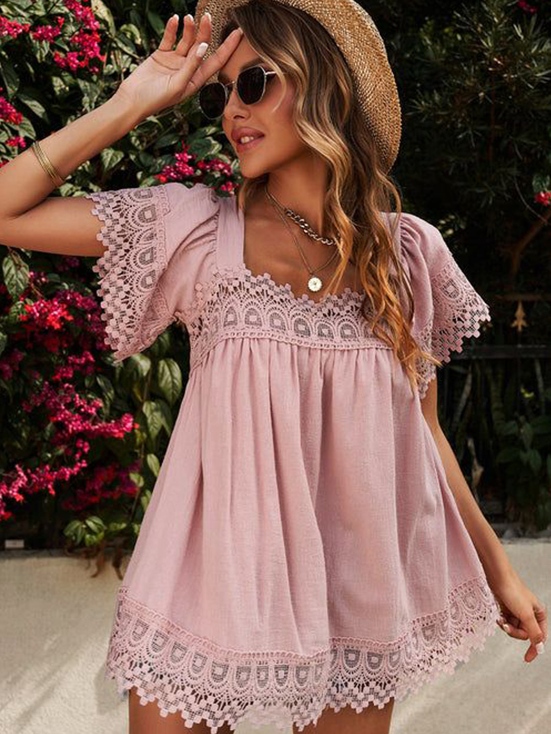 Errabelly Women Lace Pom Pom Splicing Square Neck Blouse Top