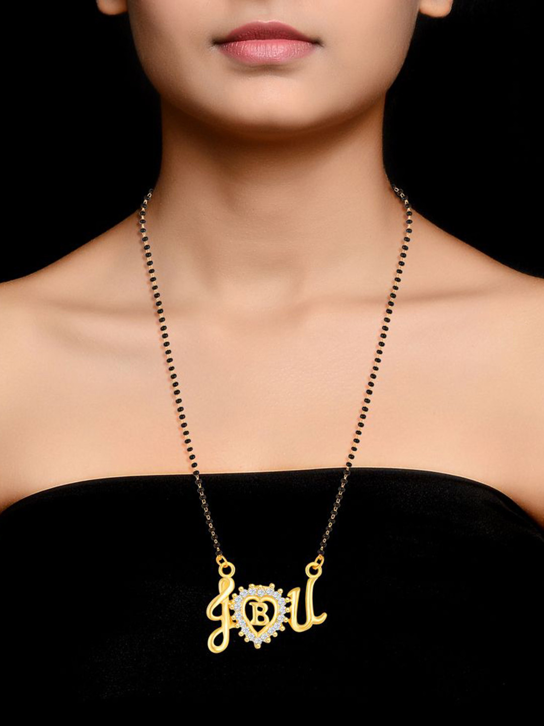 DIVASTRI Gold-Plated Alphabet B Zircon Studded Mangalsutra