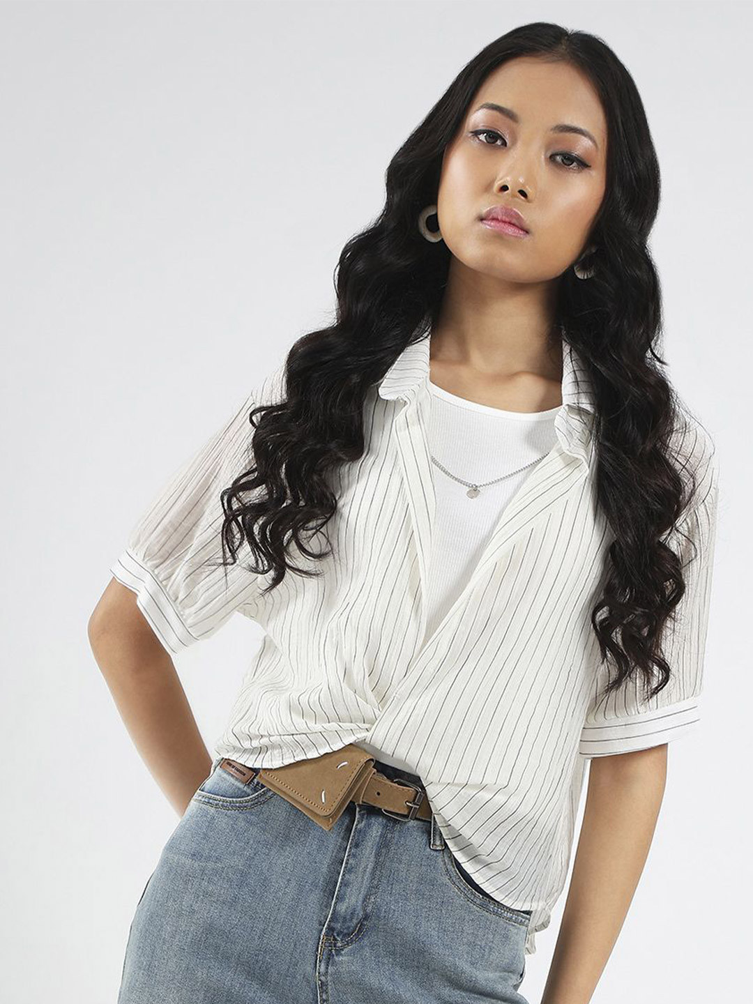 Sera Women Striped Shirt Collar Korean Oversized Top