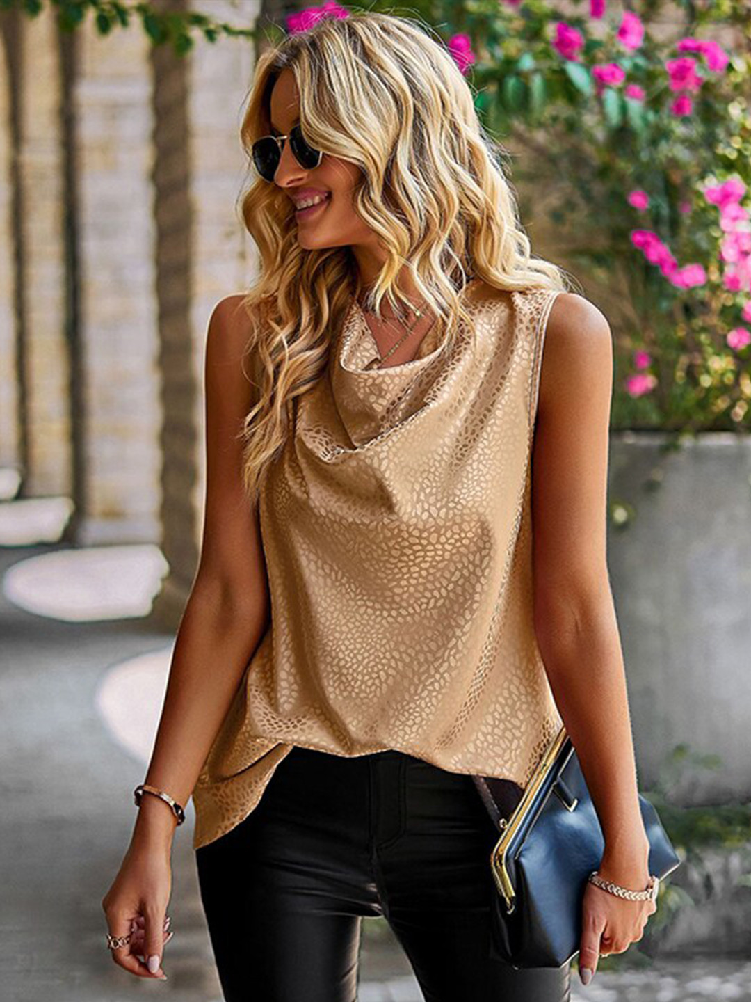 StyleCast x Revolte Beige Animal Printed Cowl Neck Top