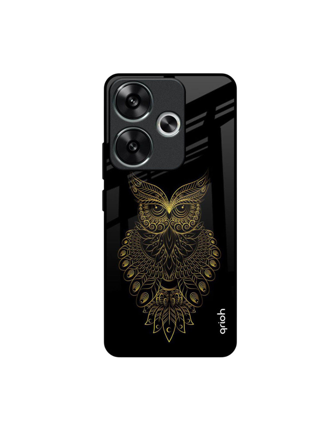 QRIOH Quirky Printed Poco F6 5G Golden Owl Glass Back Case Mobile Accessories