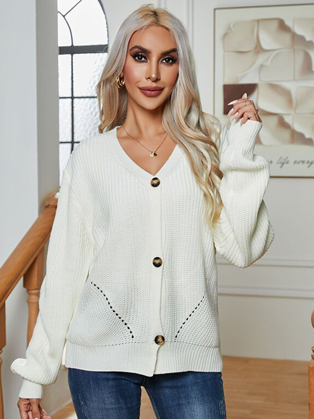StyleCast Off White Solid Buttoned Cardigan
