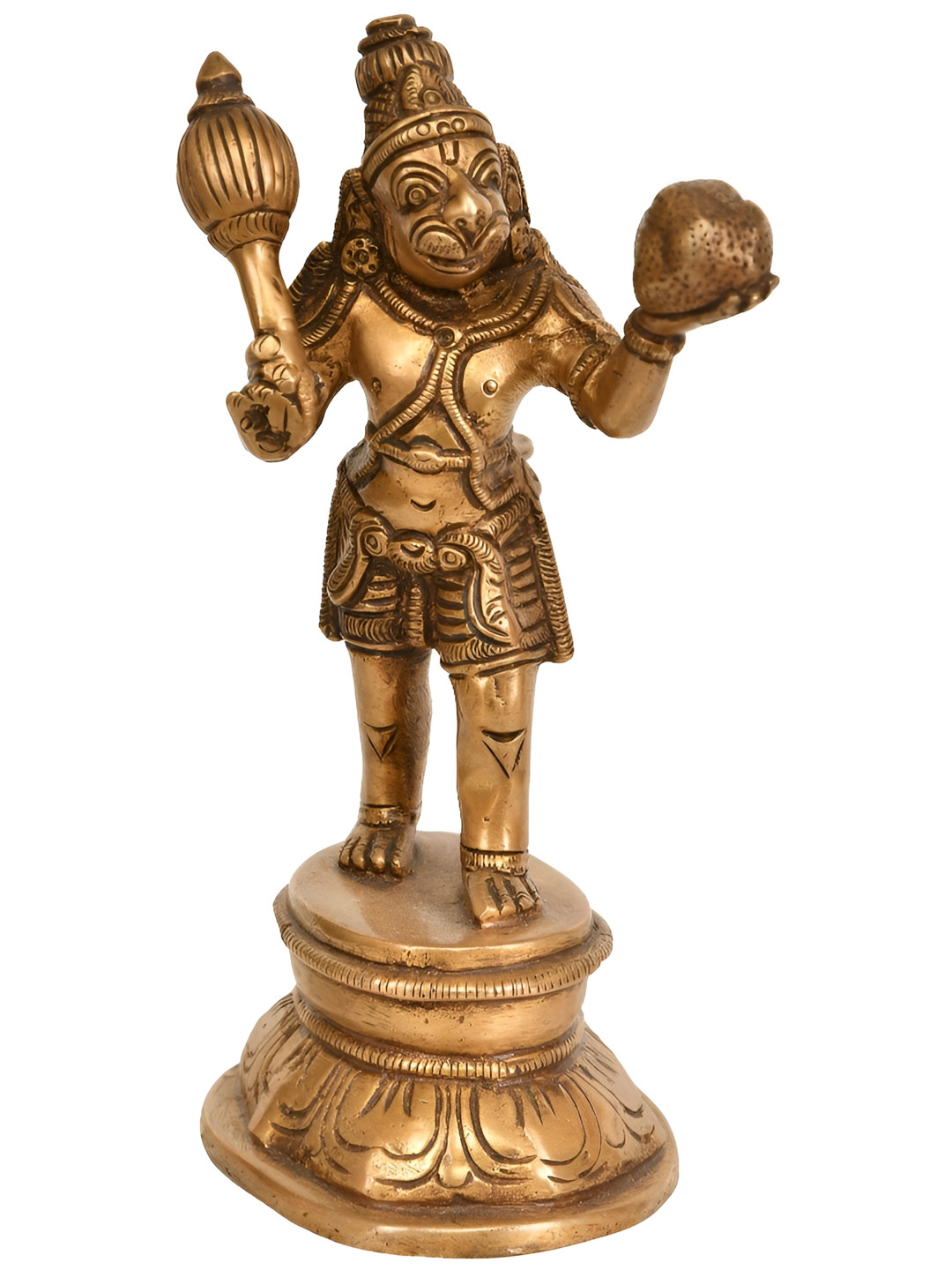 Exotic India Lord Hanuman Carrying Sanjeevani Mountain Gold Brass Metallic Prayer Room Hand Made Medium Showpiece - 7 Inches