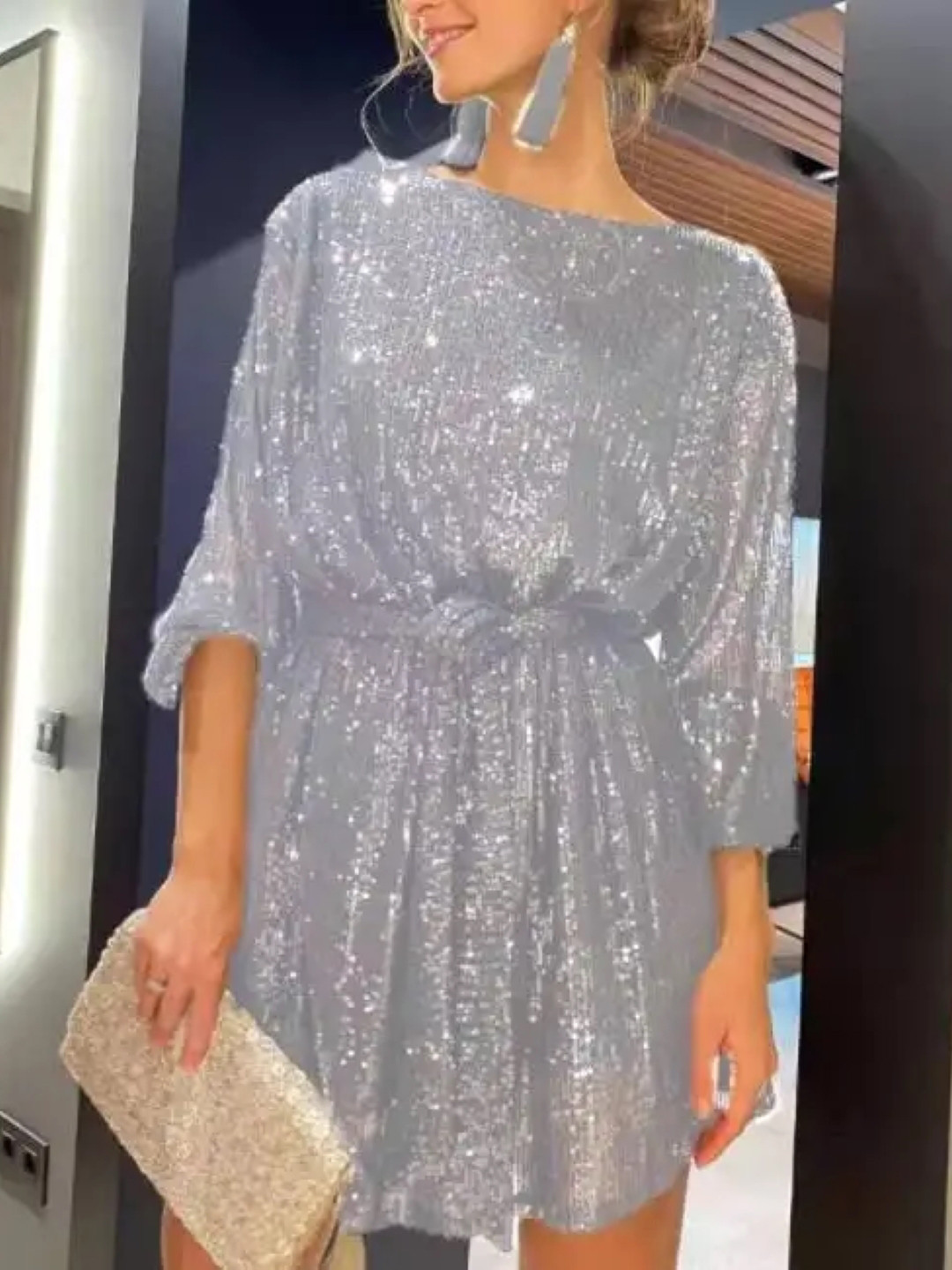 Silver Sequin Embellished Puff Sleeve Mini Dress