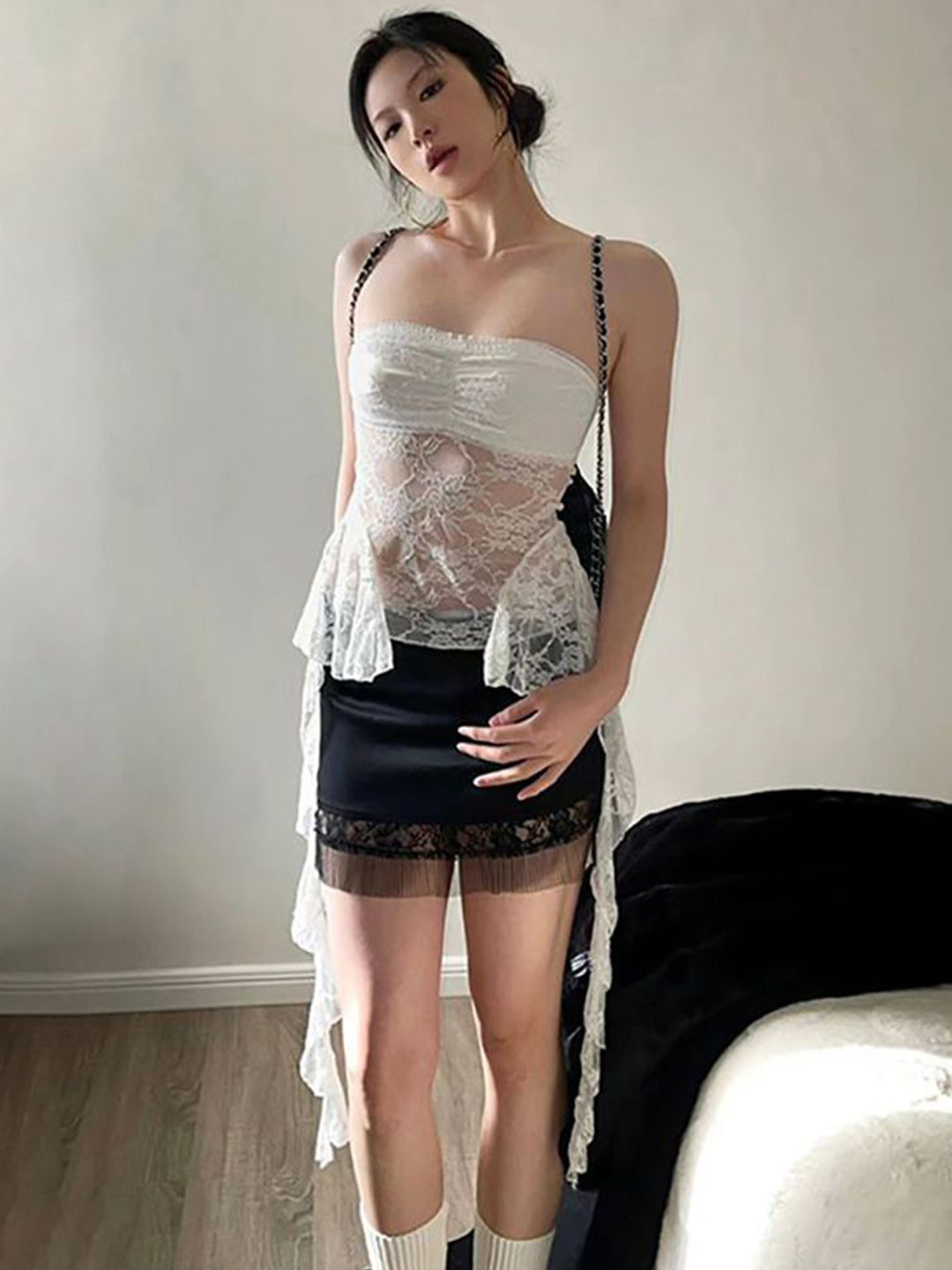 StyleCast x Revolte Strapless Lace Crop Top - Party Wear