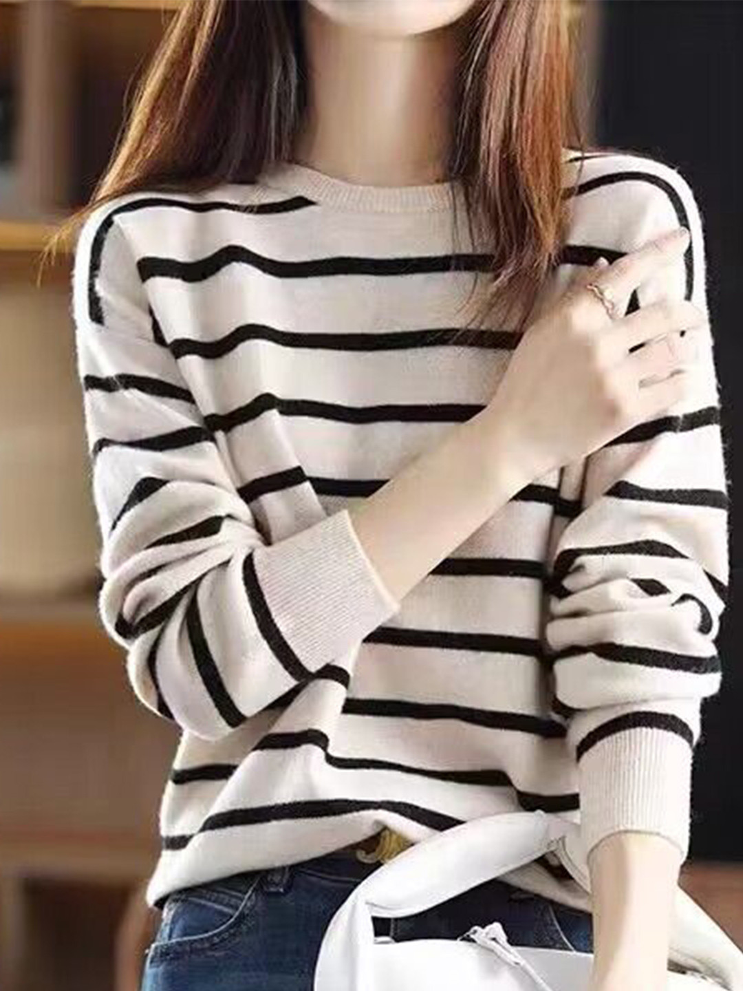 StyleCast Women Striped Round Neck Long Sleeves Pullover Sweaters