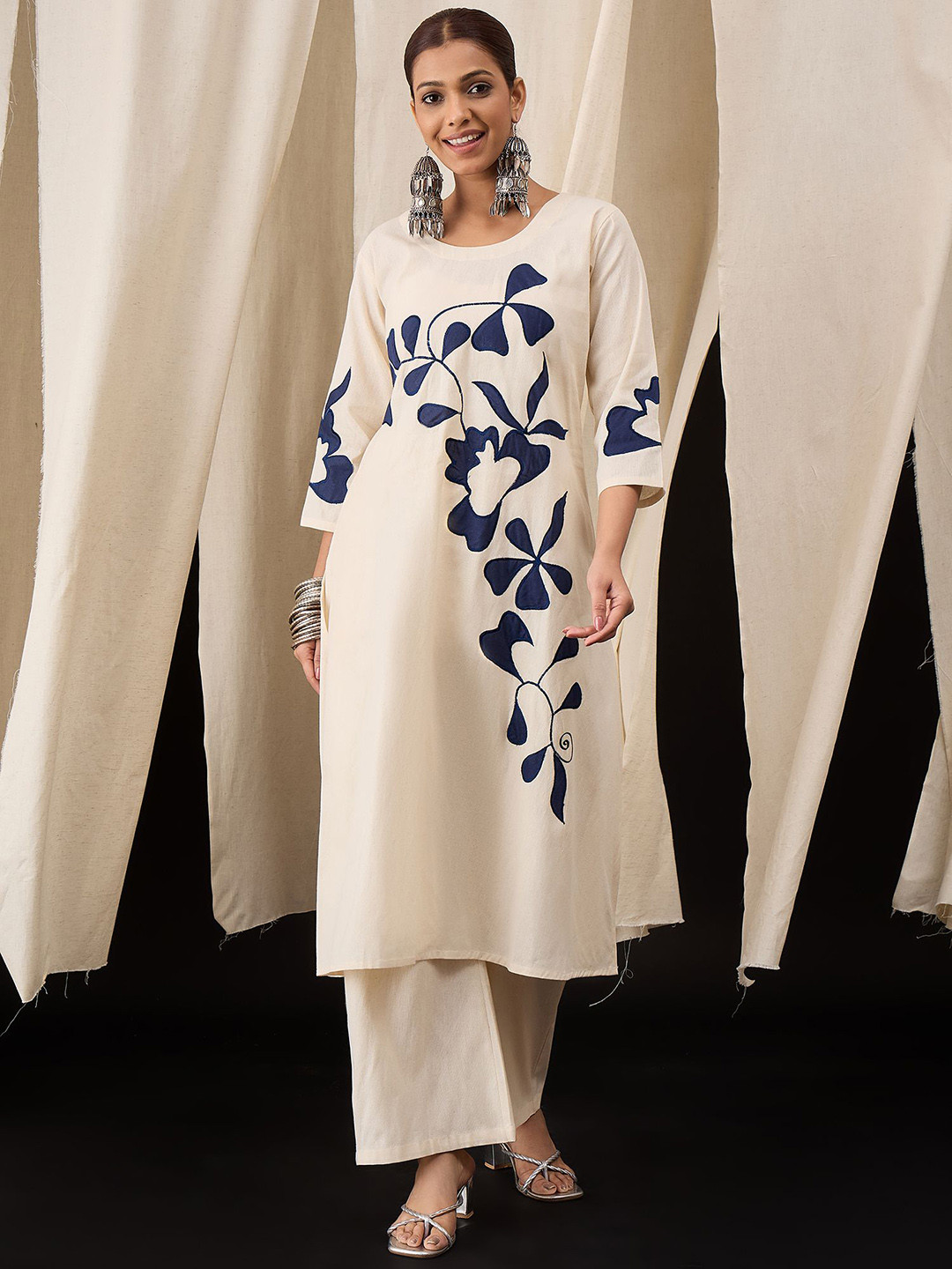 Anouk Floral Patchwork Round Neck A-Line Kurta With Palazzos