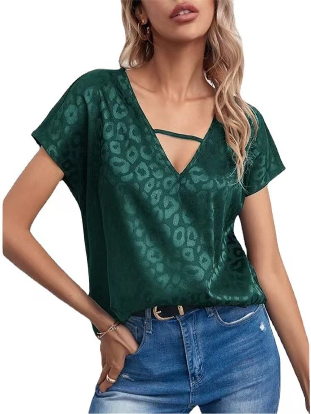 StyleCast Animal Print Short Sleeves Satin Top