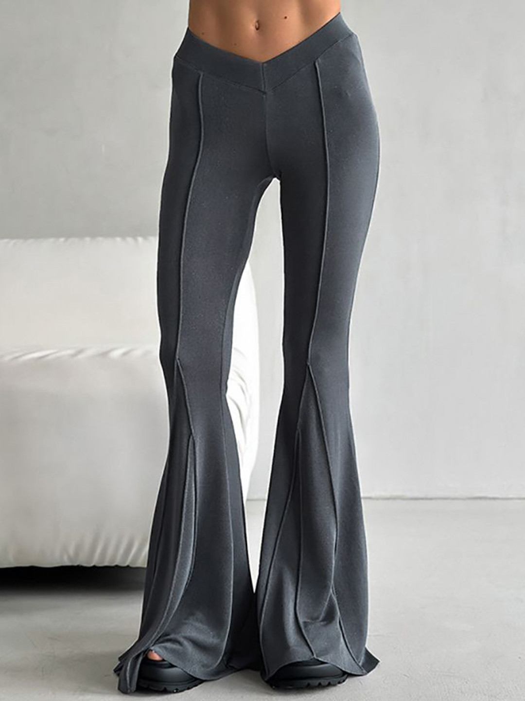 Grey Flared Mid-Rise Bootcut Trousers