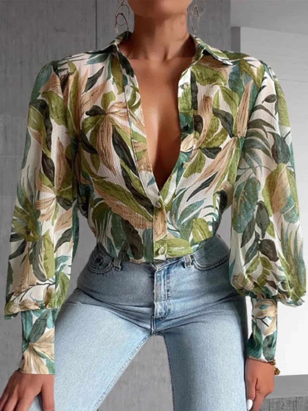LULU & SKY Tropical Printed Cuffed Sleeves Shirt Style Top