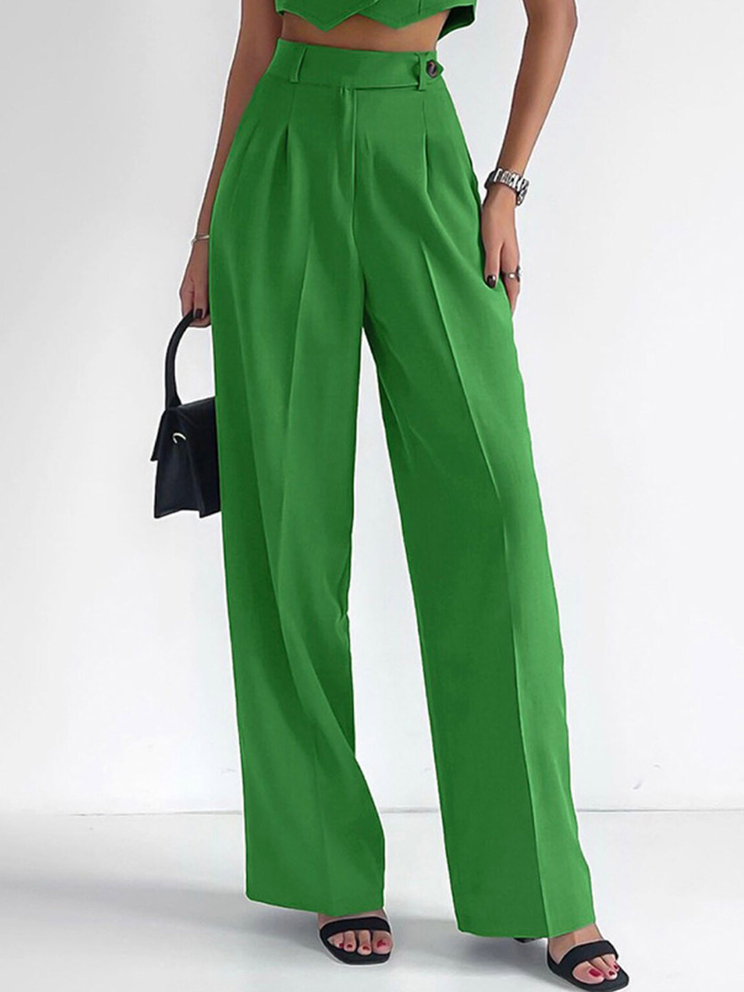 Green V-Neck Sleeveless Crop Vest with Trousers