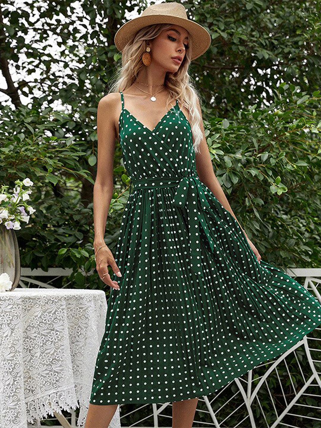 StyleCast Polka Green Dot Print Shoulder Straps A-Line Midi Dress