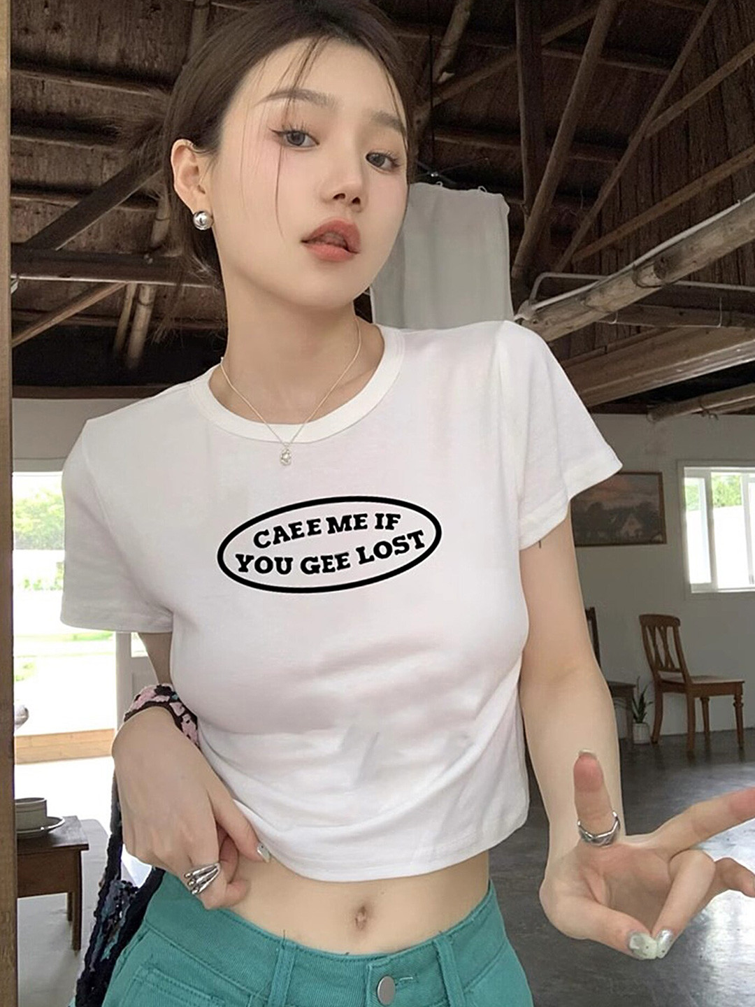 LULU & SKY Regular Fit Typography Printed Short Sleeve Crop Top