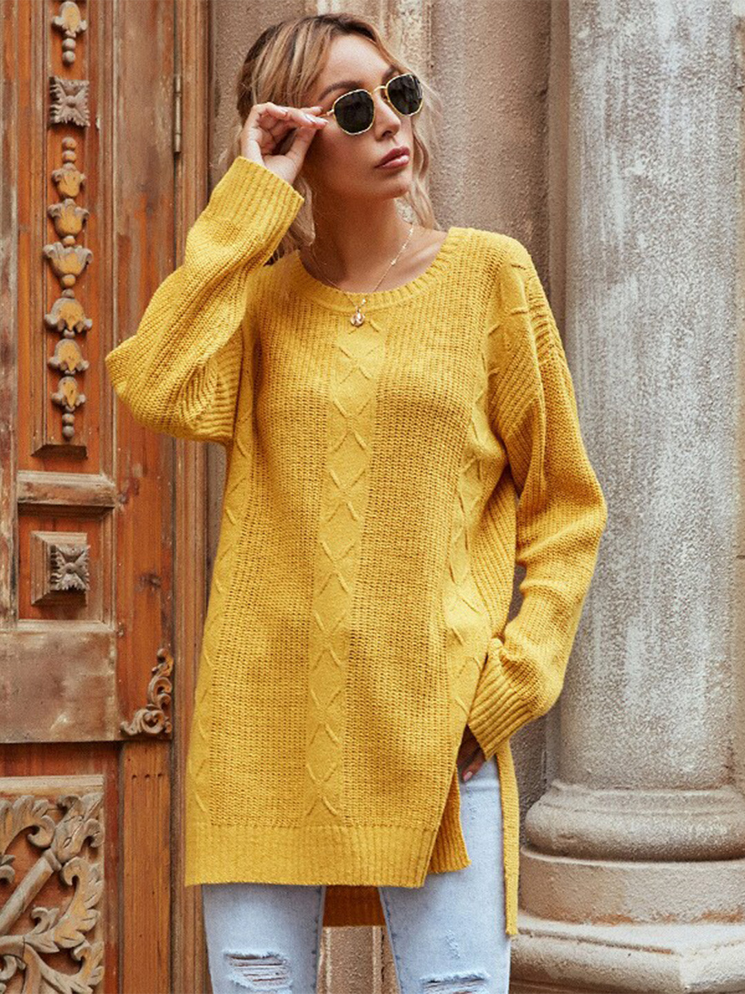 StyleCast Women Yellow Cable Knit Longline Pullover