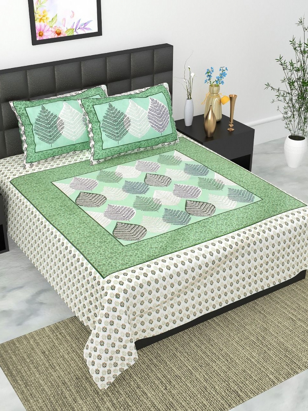 UNIBLISS Royal Passion Green Leaf Cotton 144 TC Queen Bedsheet with 2 Pillow Covers-215 x 235 cm