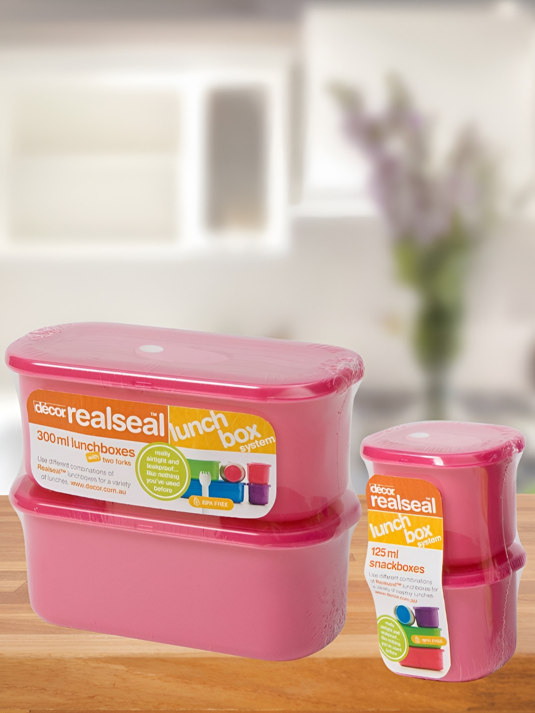 Decor BPA-Free Airtight Leakproof Pink Solid Plastic 4PCs Lunch Box With Spoon and Fork