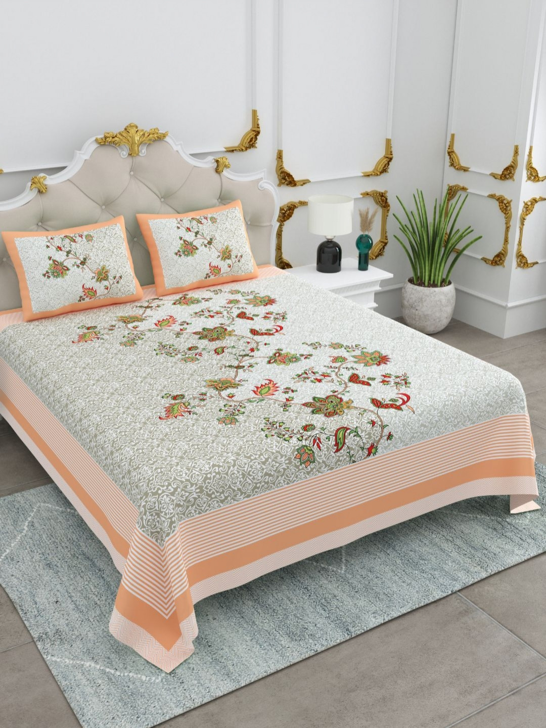 BED-SHEET.COM Grey Floral Cotton 260 TC King Fine Bedsheet with 2 Pillow Covers-108 x 108 inches