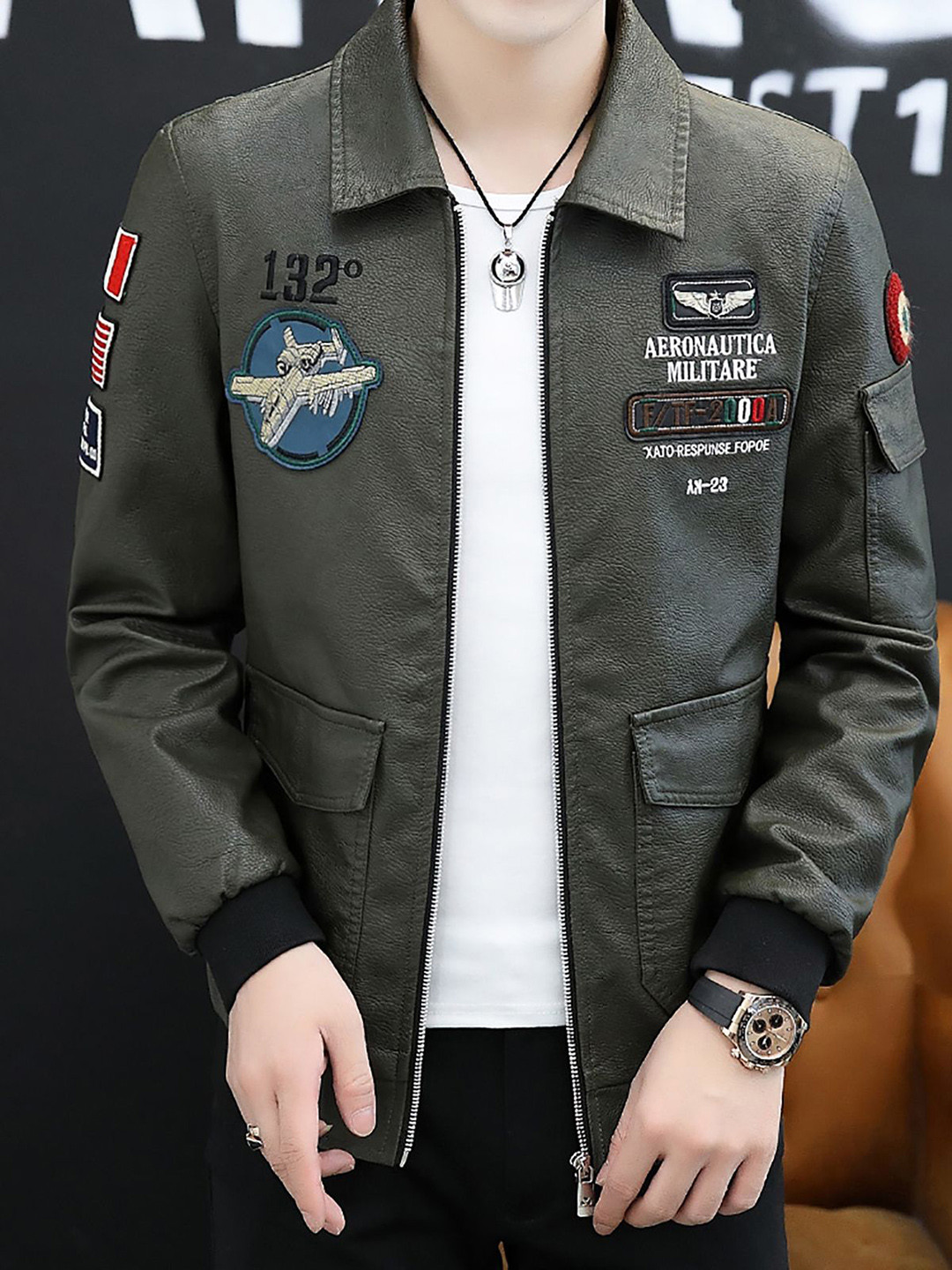 StyleCast x Revolte Men Spread Collar Graphic Printed PU Casual Windcheater Jacket
